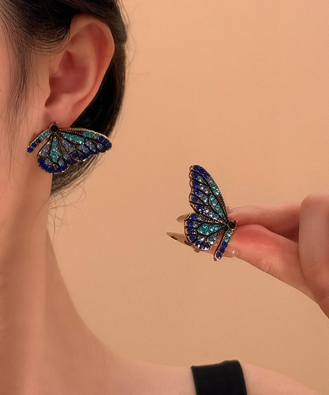 Fashion Dark Blue Sterling Silver Overgild Butterfly Stud Earrings