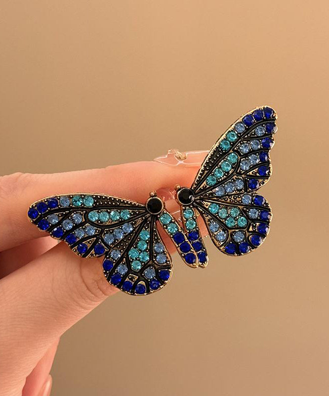 Fashion Dark Blue Sterling Silver Overgild Butterfly Stud Earrings