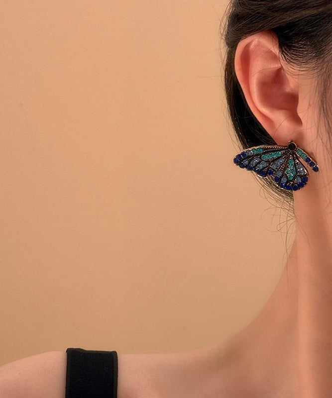 Fashion Dark Blue Sterling Silver Overgild Butterfly Stud Earrings