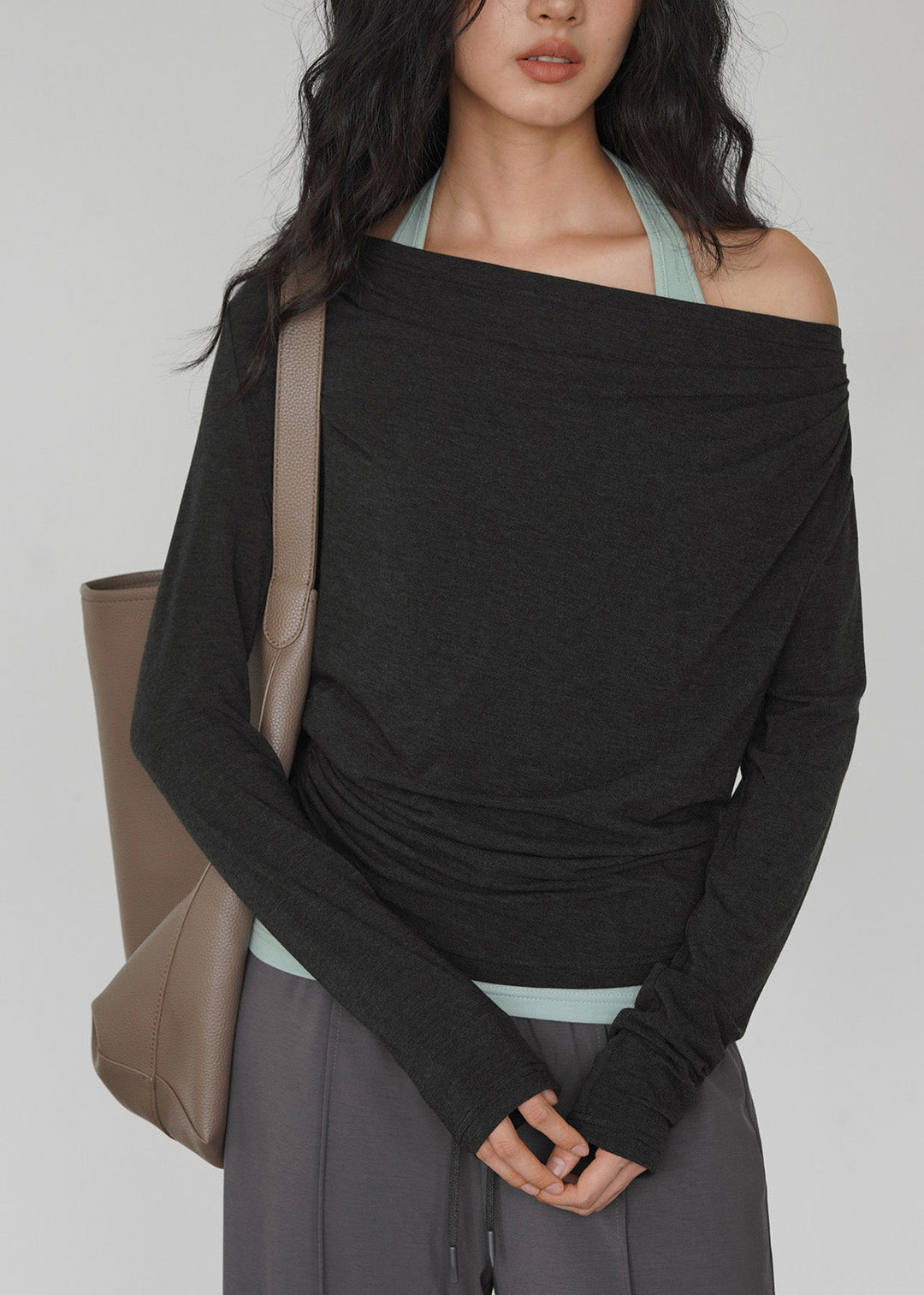 Fashion Dark Gray Off Shoulder TopAnd Light Green Interior Layered Set