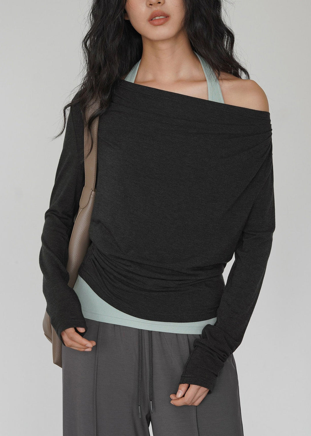 Fashion Dark Gray Off Shoulder TopAnd Light Green Interior Layered Set