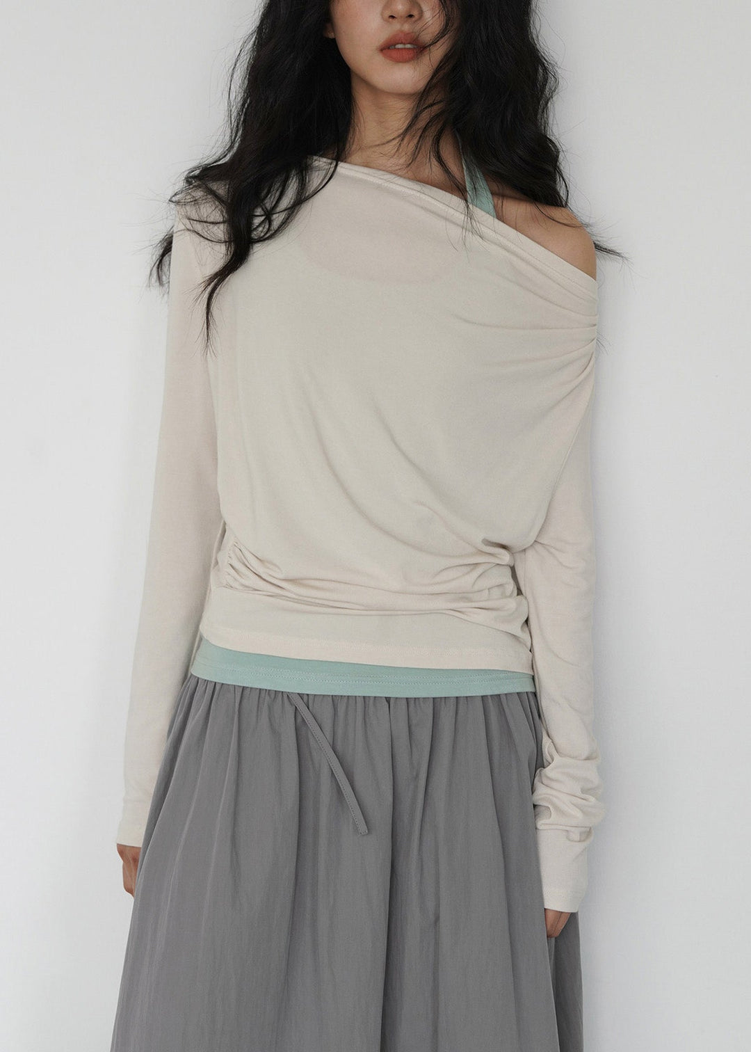 Fashion Dark Gray Off Shoulder TopAnd Light Green Interior Layered Set