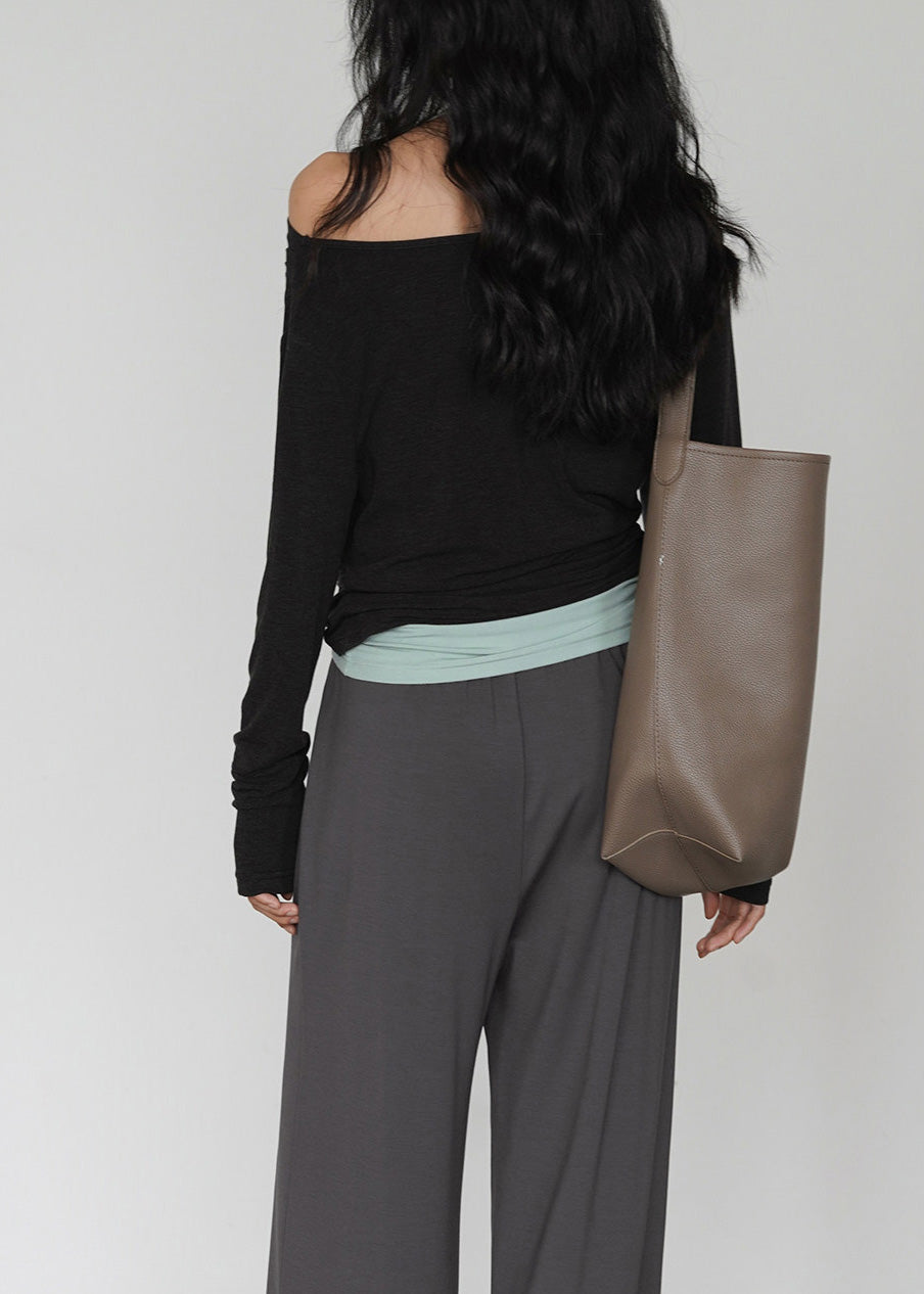 Fashion Dark Gray Off Shoulder TopAnd Light Green Interior Layered Set