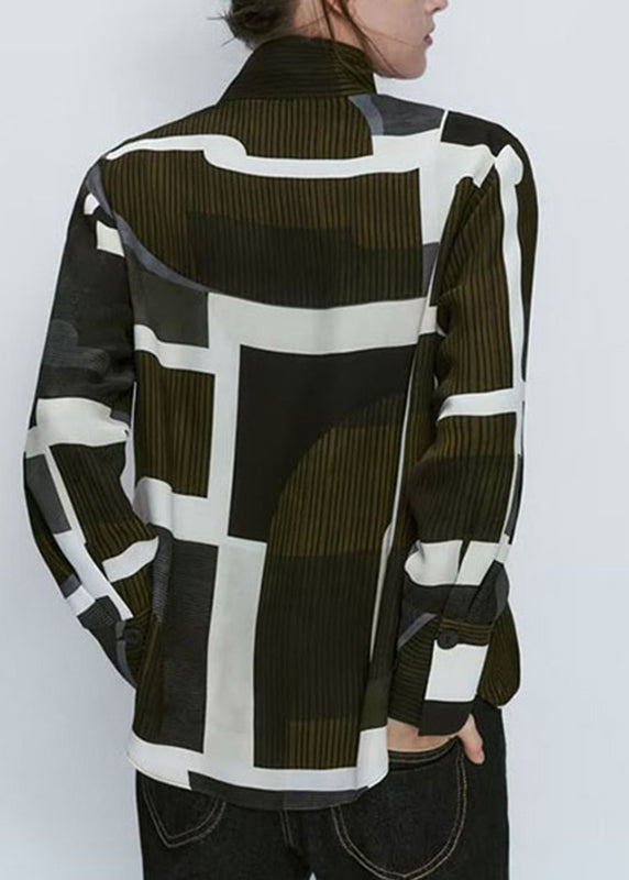 Fashion Dark Green Stand Collar Striped Patchwork Shirt Long Sleeve