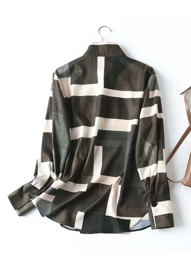 Fashion Dark Green Stand Collar Striped Patchwork Shirt Long Sleeve