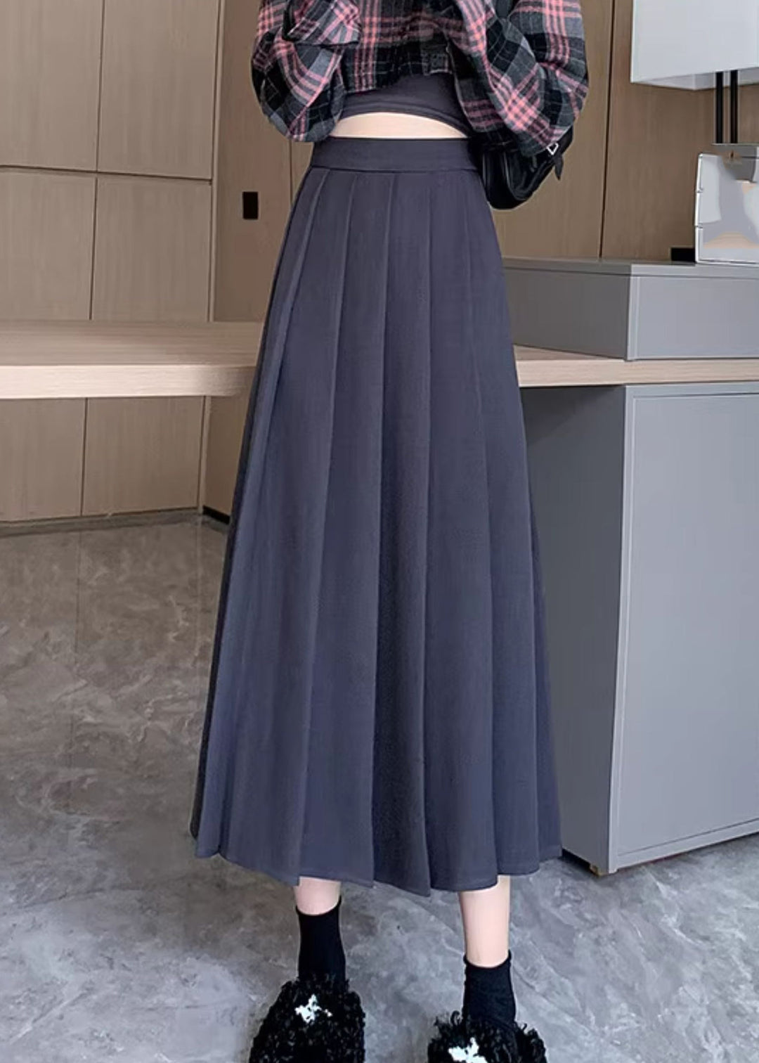 Fashion Dark Grey Patchwork Draping Pleated Skirt Fall