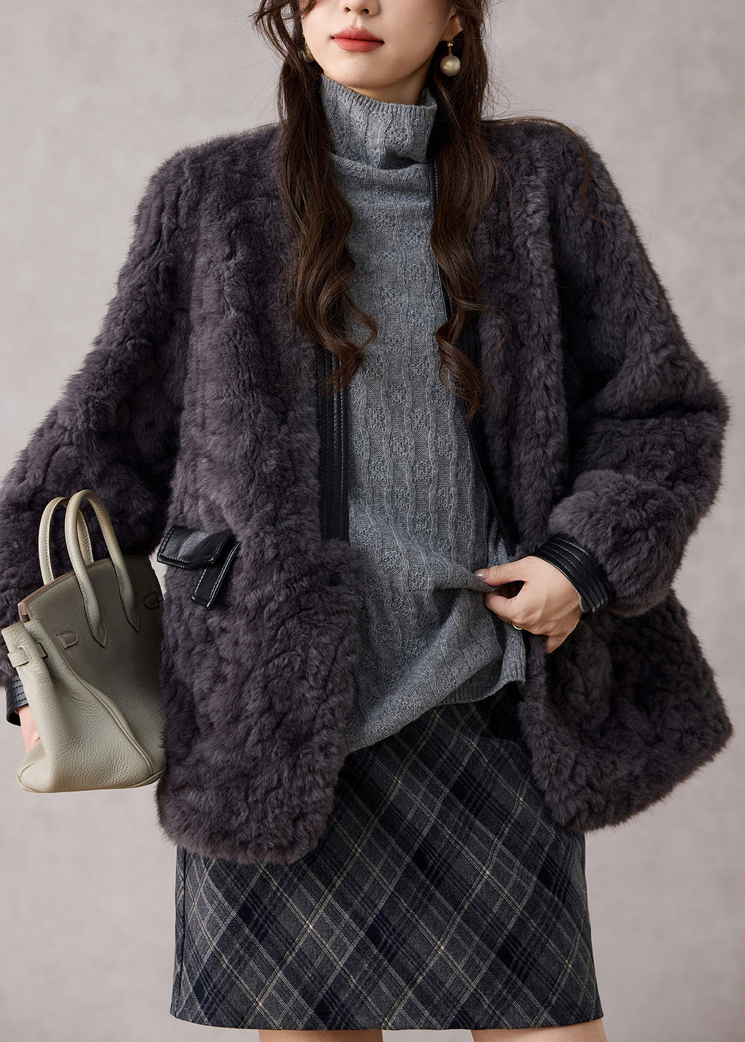 Fashion Dark Grey V Neck Patchwork Faux Fur Coats Winter