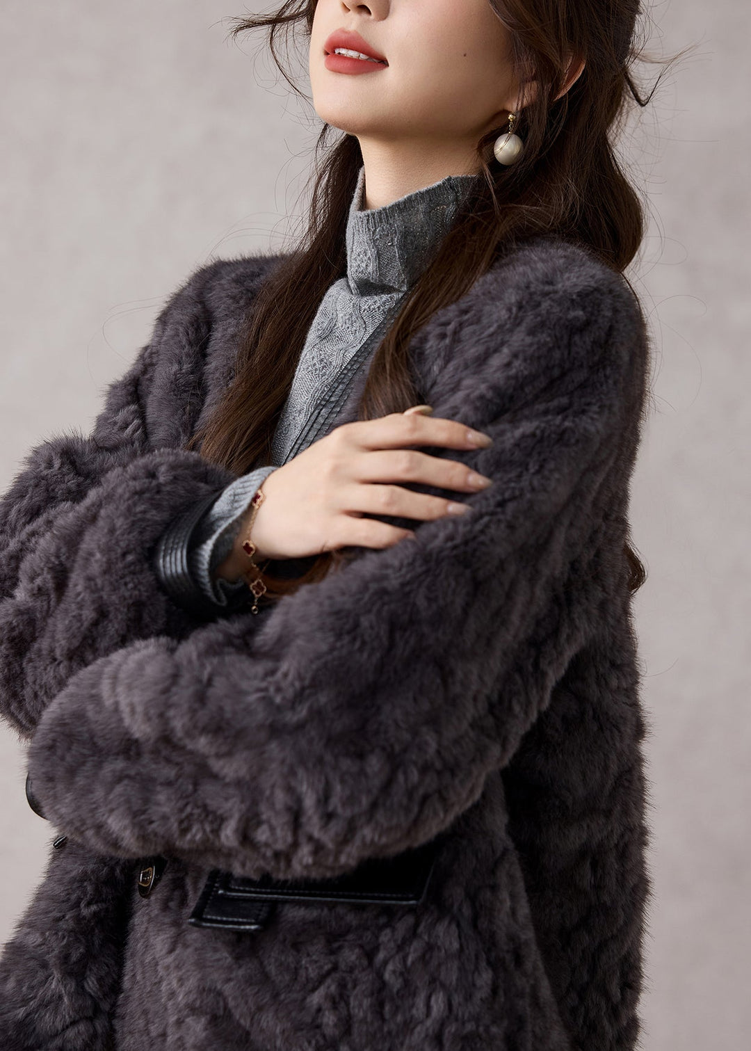 Fashion Dark Grey V Neck Patchwork Faux Fur Coats Winter