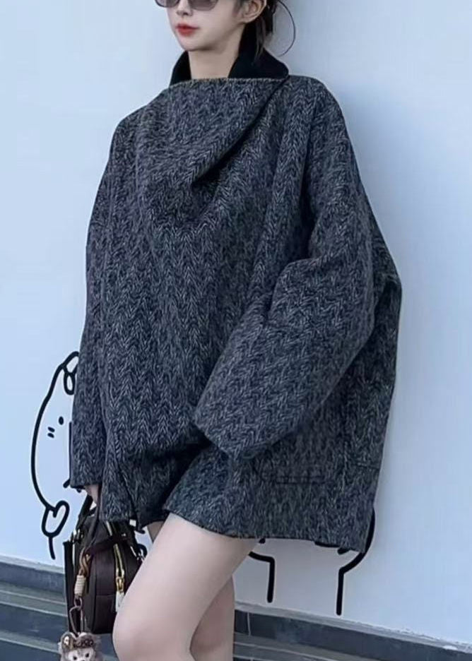 Fashion Dark Grey V Neck Print Pockets Wool Coats Fall