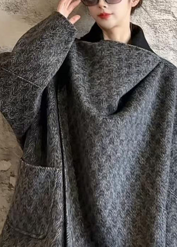 Fashion Dark Grey V Neck Print Pockets Wool Coats Fall