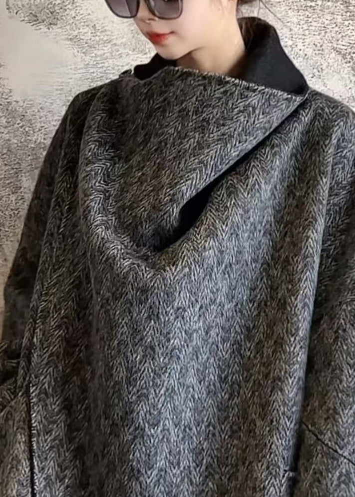 Fashion Dark Grey V Neck Print Pockets Wool Coats Fall