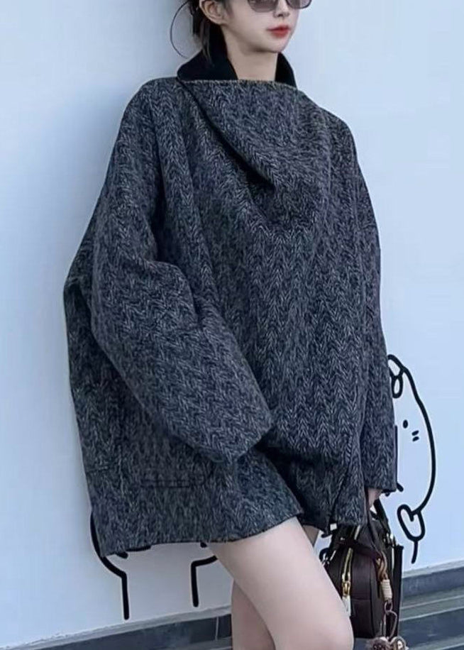 Fashion Dark Grey V Neck Print Pockets Wool Coats Fall