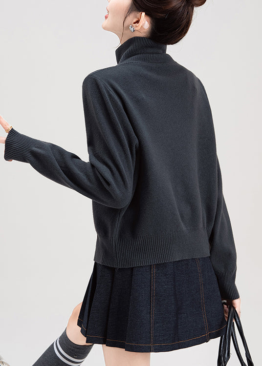 Fashion Dark Grey Zip Up High Neck Knit Sweaters Coat Fall