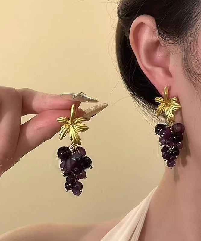 Fashion Dark Purple Sterling Silver Overgild Grape Drop Earrings