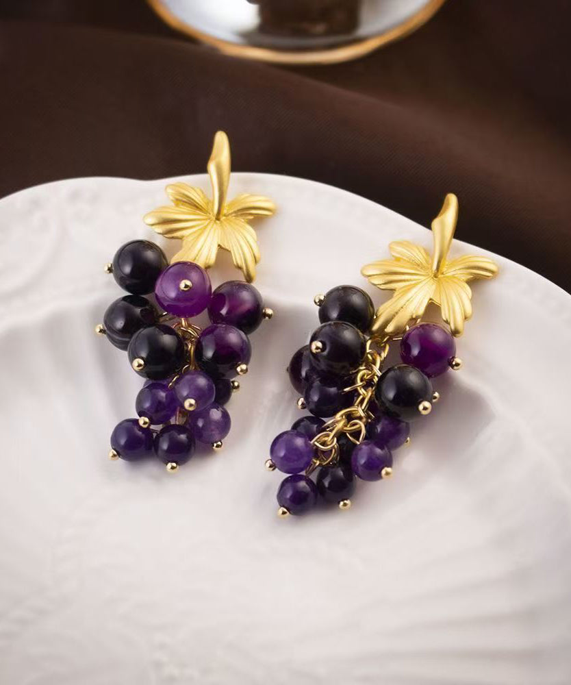 Fashion Dark Purple Sterling Silver Overgild Grape Drop Earrings