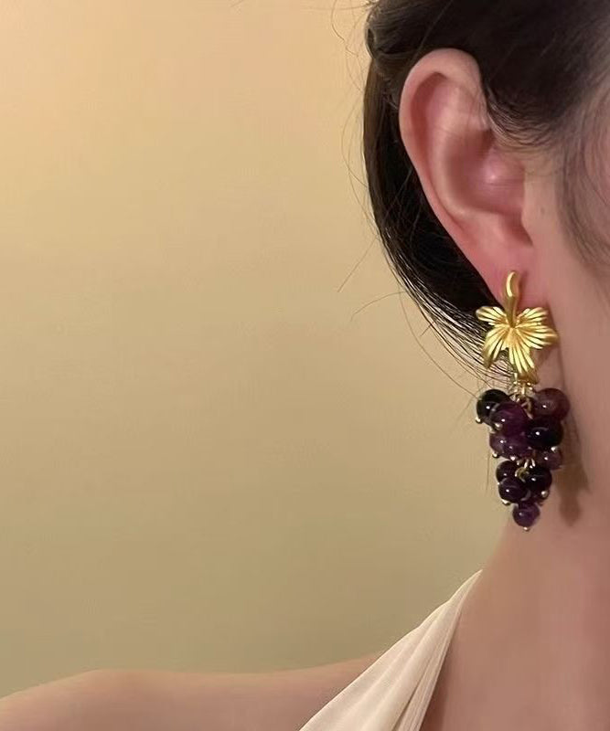 Fashion Dark Purple Sterling Silver Overgild Grape Drop Earrings
