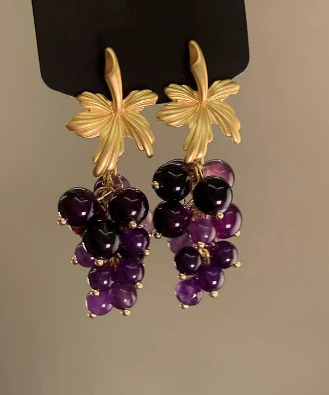 Fashion Dark Purple Sterling Silver Overgild Grape Drop Earrings