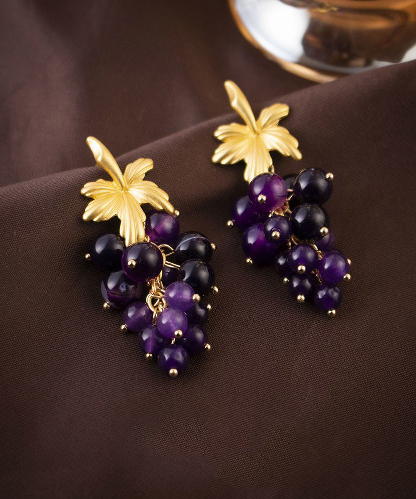 Fashion Dark Purple Sterling Silver Overgild Grape Drop Earrings
