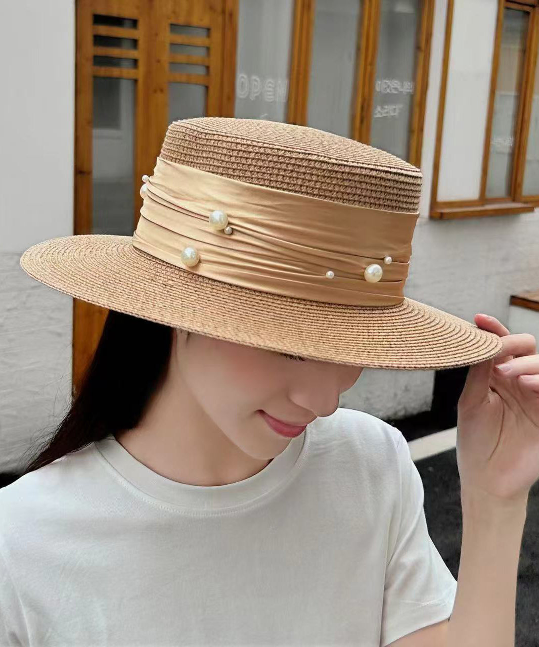 Fashion Fine Khaki Nail Bead Straw Woven Cloche Hat