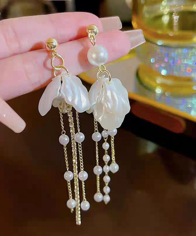 Fashion Gold Acrylic Alloy Pearl Petal Tassel Drop Earrings