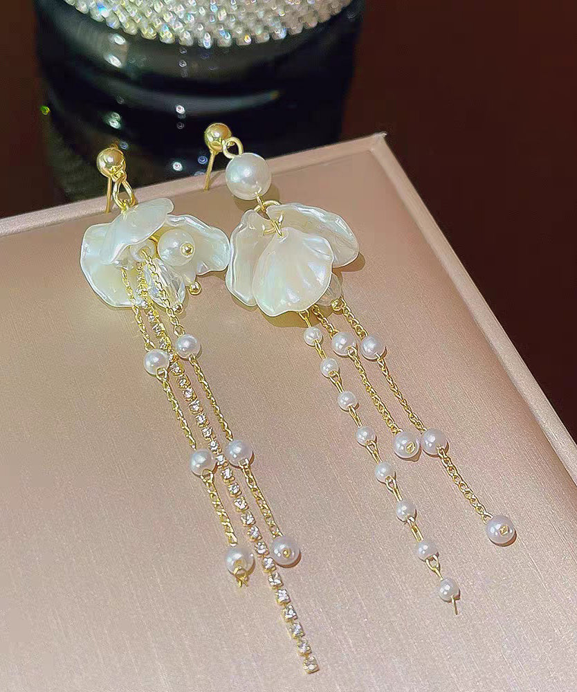 Fashion Gold Acrylic Alloy Pearl Petal Tassel Drop Earrings