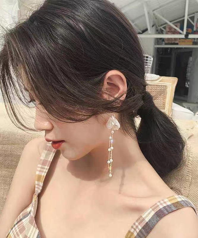 Fashion Gold Acrylic Alloy Pearl Petal Tassel Drop Earrings