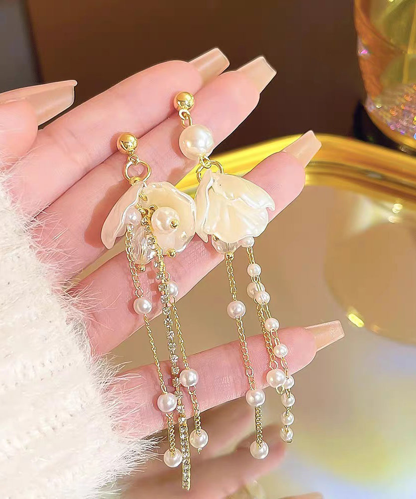 Fashion Gold Acrylic Alloy Pearl Petal Tassel Drop Earrings