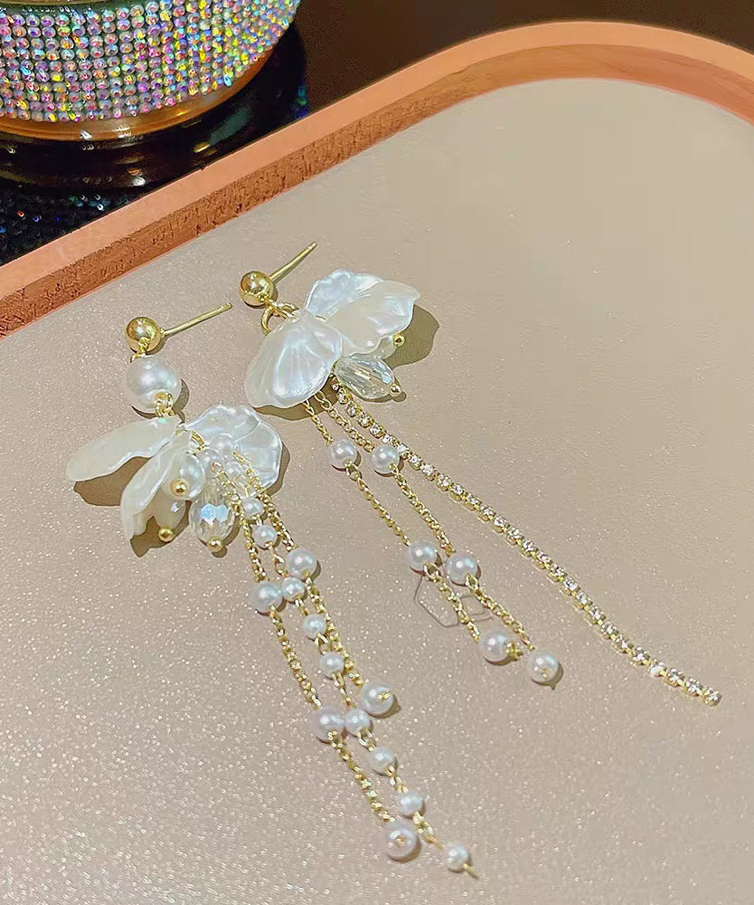 Fashion Gold Acrylic Alloy Pearl Petal Tassel Drop Earrings
