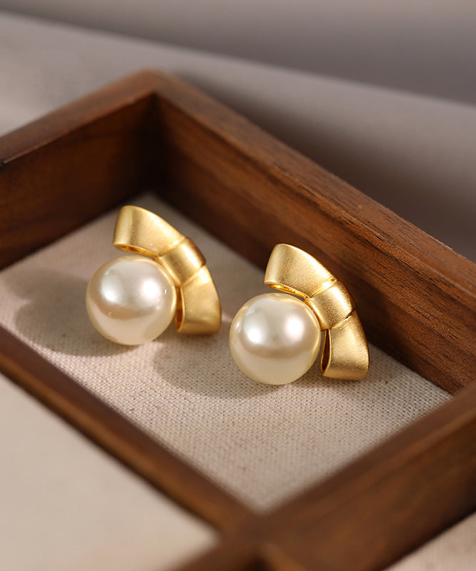 Fashion Gold Alloy Pearl Bow Stud Earrings