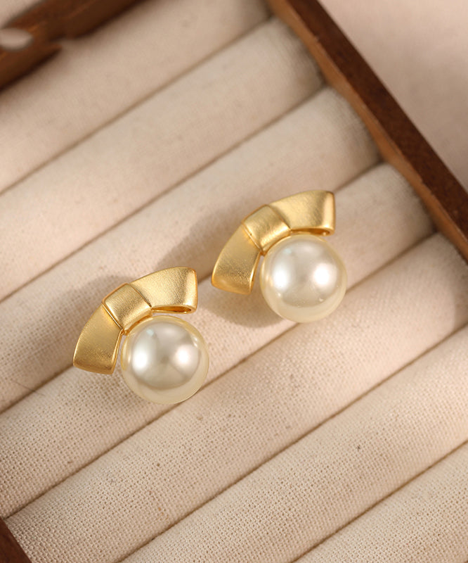 Fashion Gold Alloy Pearl Bow Stud Earrings