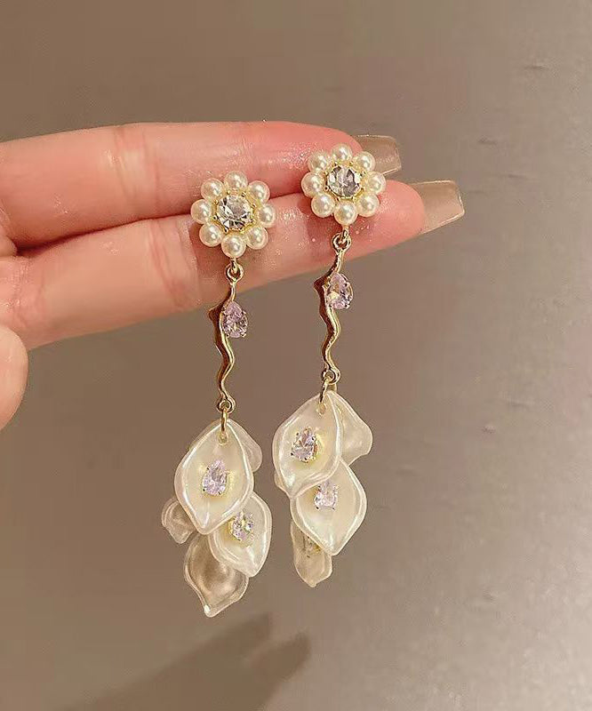 Fashion Gold Alloy Zircon Floral Pearl Tassel Drop Earrings