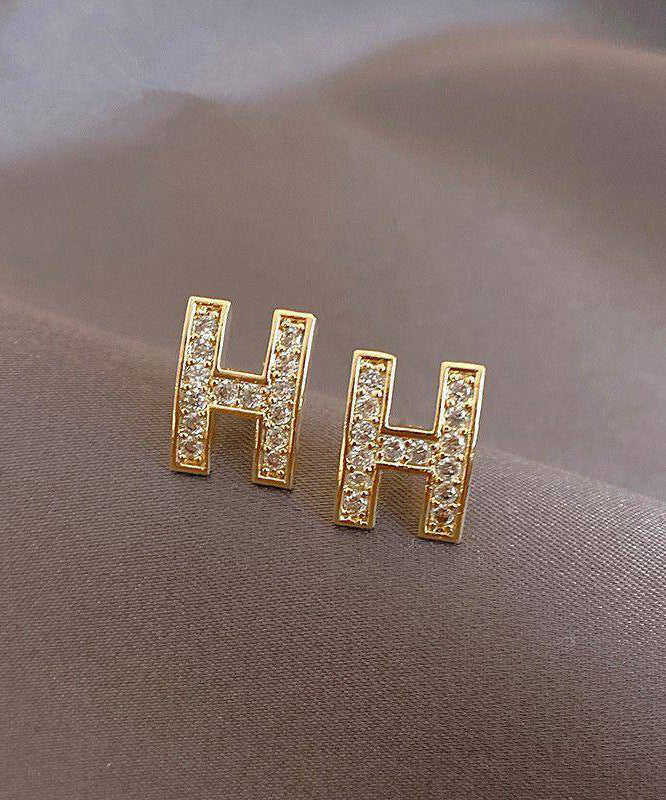 Fashion Gold Alloy Zircon H Graphic Stud Earrings