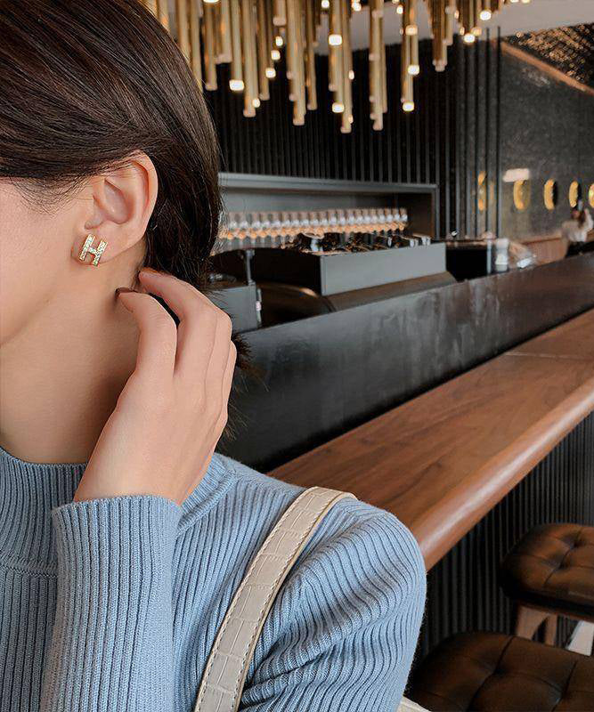 Fashion Gold Alloy Zircon H Graphic Stud Earrings