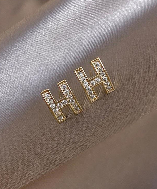 Fashion Gold Alloy Zircon H Graphic Stud Earrings