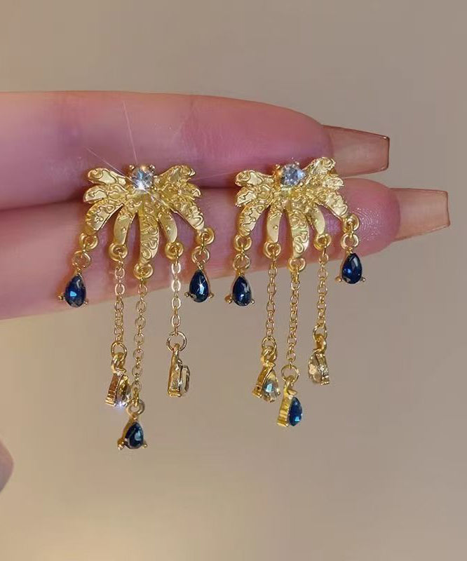 Fashion Gold Ancient Gold Zircon Fireworks Tassel Drop Earrings