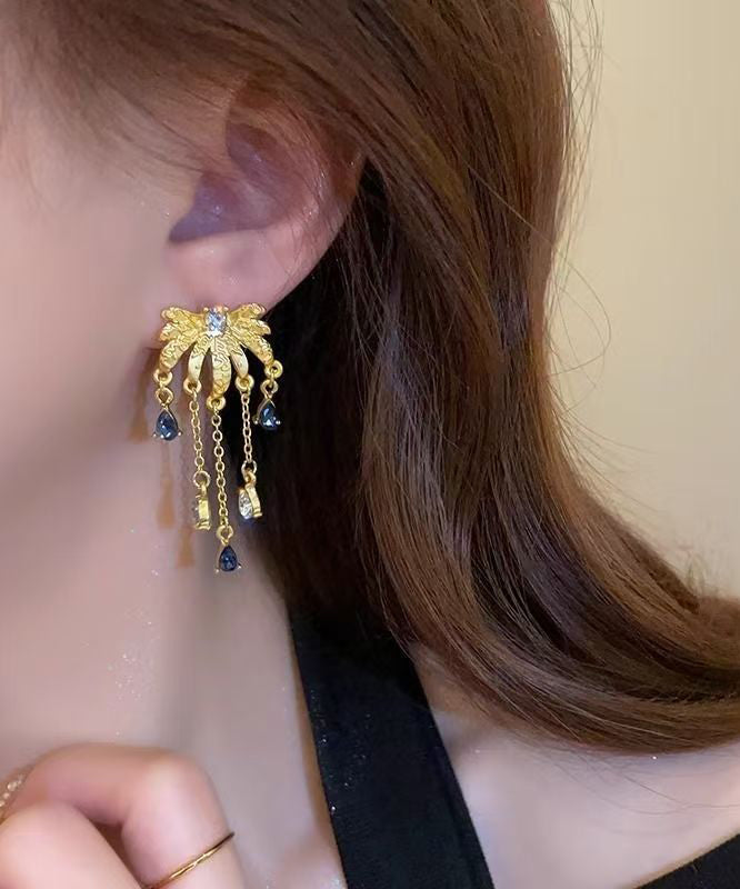 Fashion Gold Ancient Gold Zircon Fireworks Tassel Drop Earrings