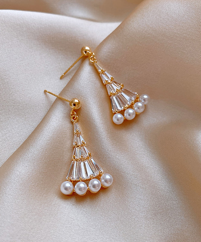 Fashion Gold Copper Alloy Pearl Fan-Shaped Drop Earrings