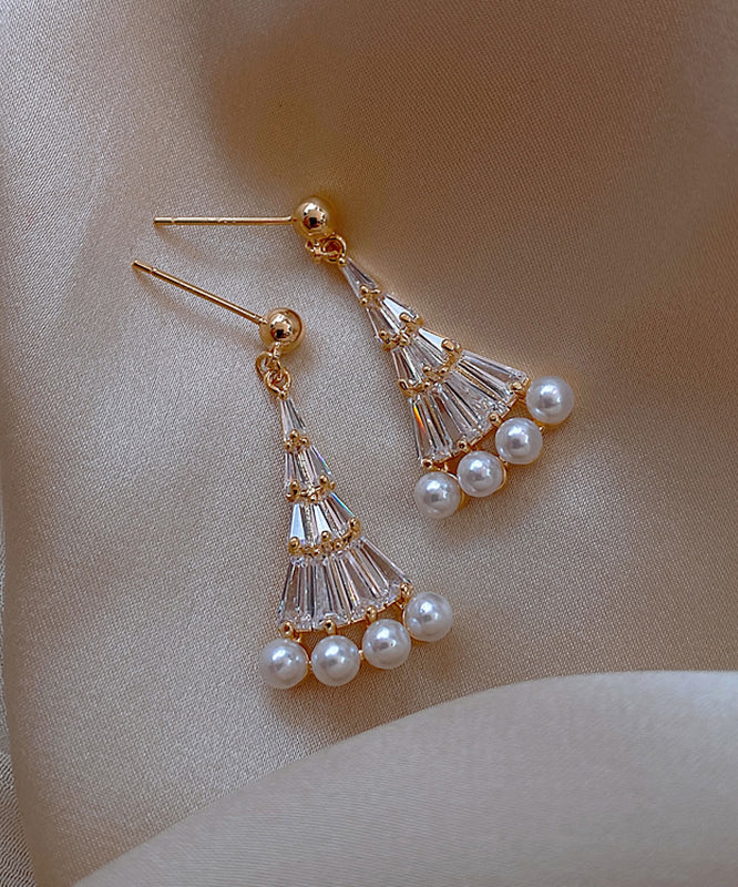 Fashion Gold Copper Alloy Pearl Fan-Shaped Drop Earrings
