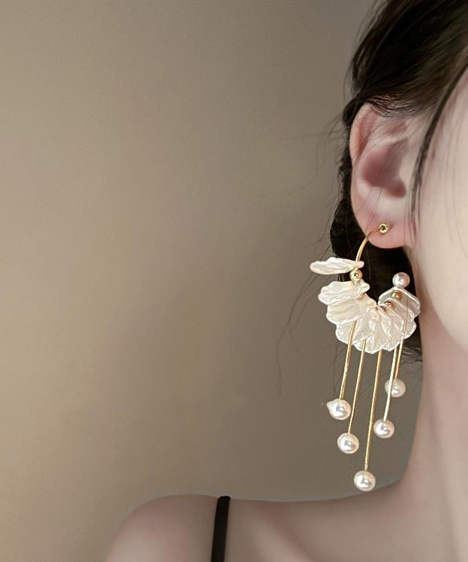 Fashion Gold Copper Alloy Pearl Petals Tassel Drop Earrings