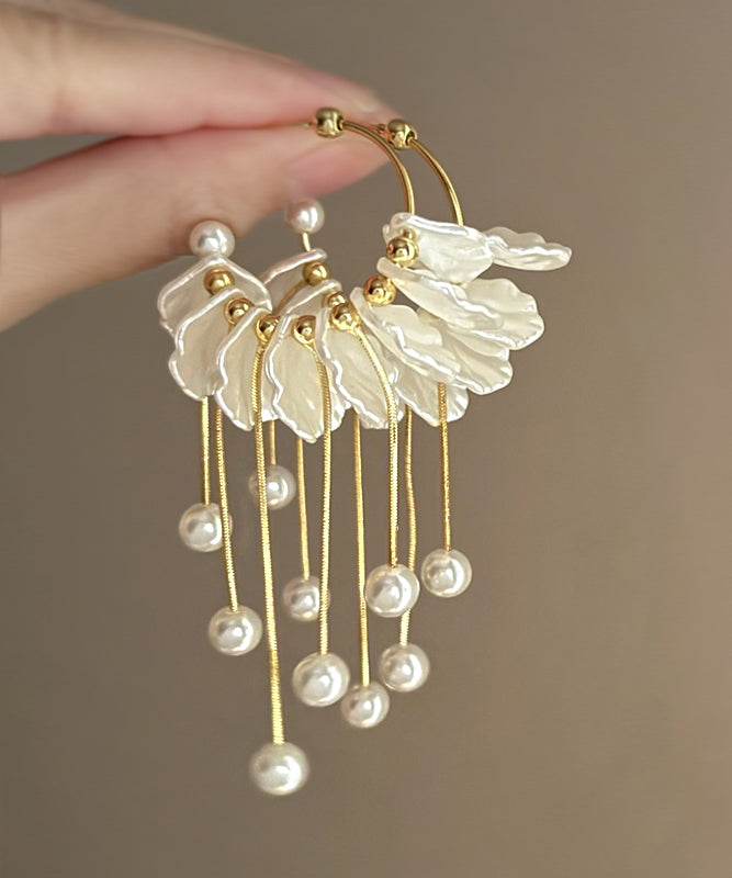 Fashion Gold Copper Alloy Pearl Petals Tassel Drop Earrings