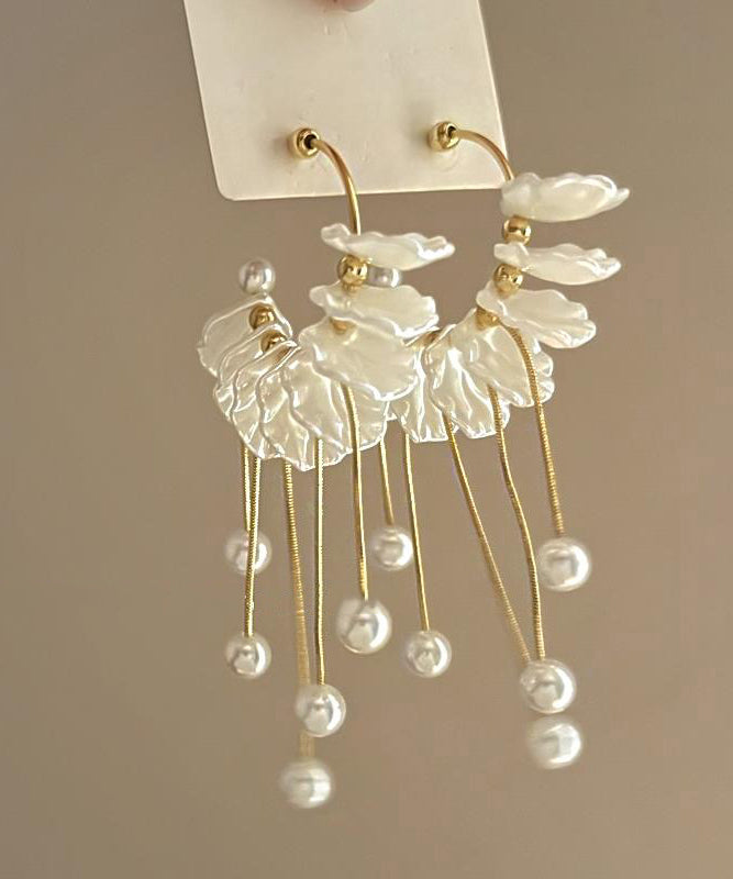 Fashion Gold Copper Alloy Pearl Petals Tassel Drop Earrings