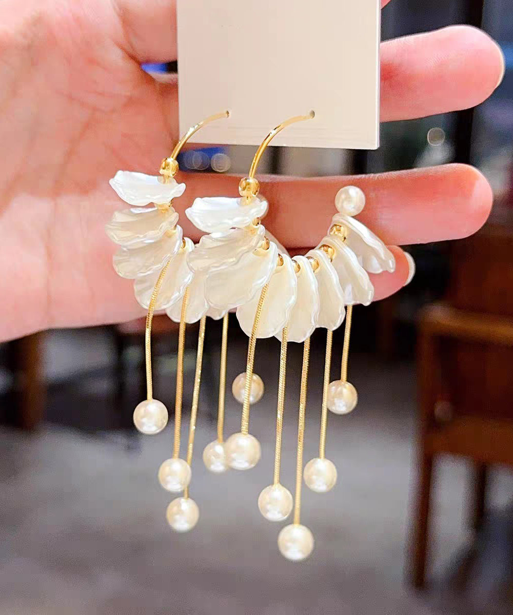 Fashion Gold Copper Alloy Pearl Petals Tassel Drop Earrings