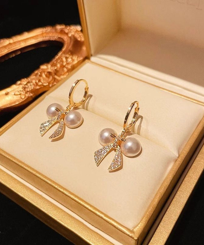 Fashion Gold Copper Alloy Zircon Patchwork Bow Pearl Hoop Earrings