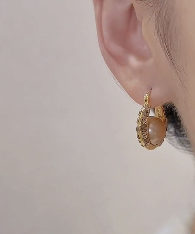 Fashion Gold Copper Alloy Zircon Pearl Hoop Earrings