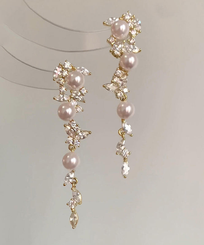 Fashion Gold Copper Overgild Pearl Butterfly Tassel Drop Earrings