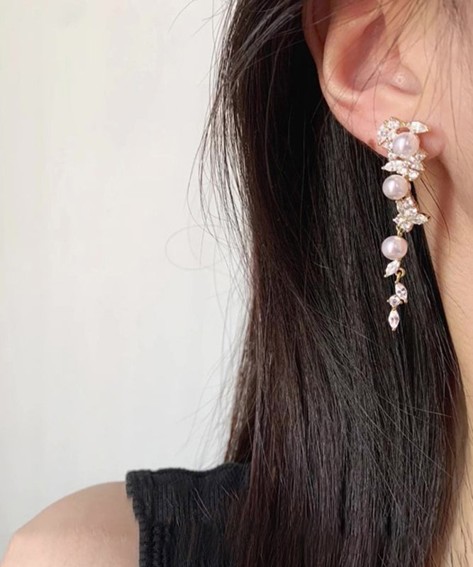 Fashion Gold Copper Overgild Pearl Butterfly Tassel Drop Earrings