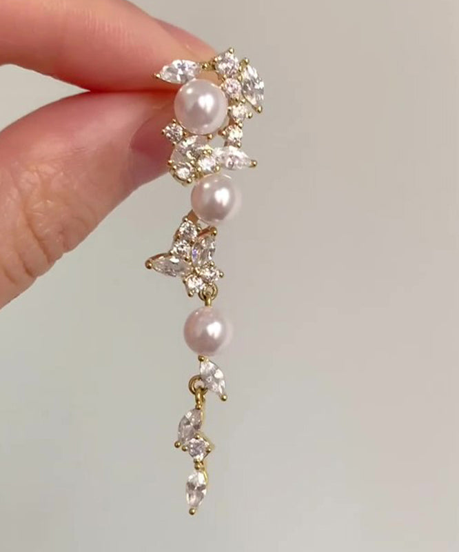 Fashion Gold Copper Overgild Pearl Butterfly Tassel Drop Earrings