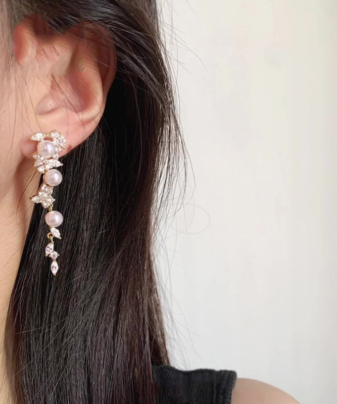 Fashion Gold Copper Overgild Pearl Butterfly Tassel Drop Earrings