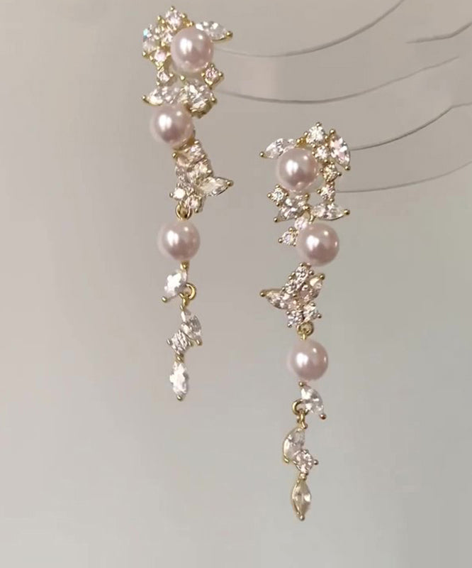 Fashion Gold Copper Overgild Pearl Butterfly Tassel Drop Earrings