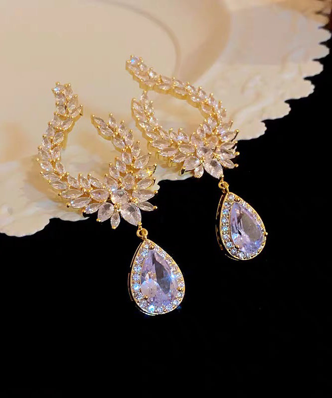 Fashion Gold Copper Overgild Zircon Leaf Water Droplet Drop Earrings